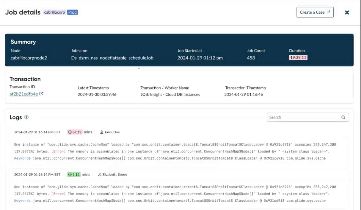 Shows the selected job details expanded with transaction and log information.