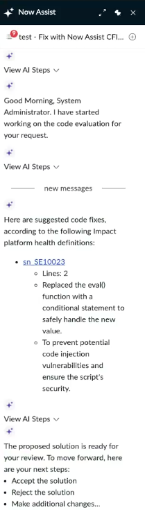 The suggested fix for the Code Fix AI finding.