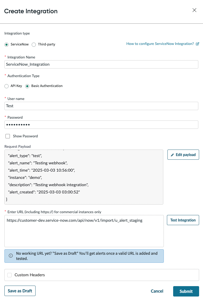 Create a webhook integration for a ServiceNow instance.