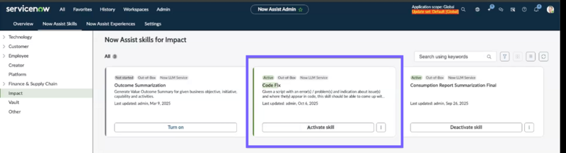 The Now Assist Admin Console with the Impact Code Fix activation tile displayed.