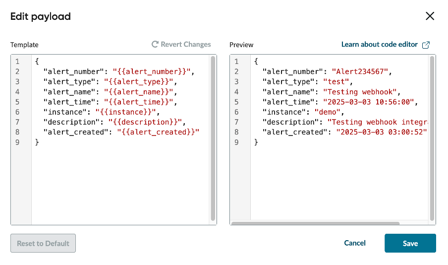 Edit payload for default mustache payload template.