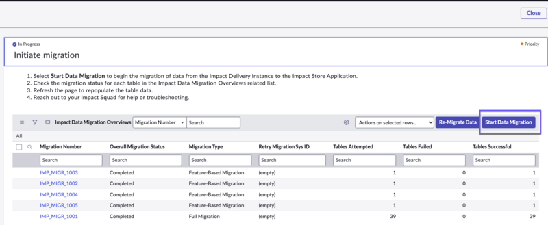 Initiate migration step with the Start data migration button highlighted.