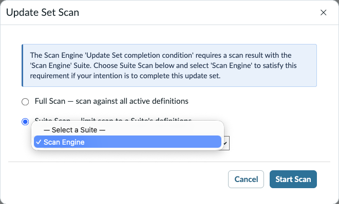 Suite scan selection modal.