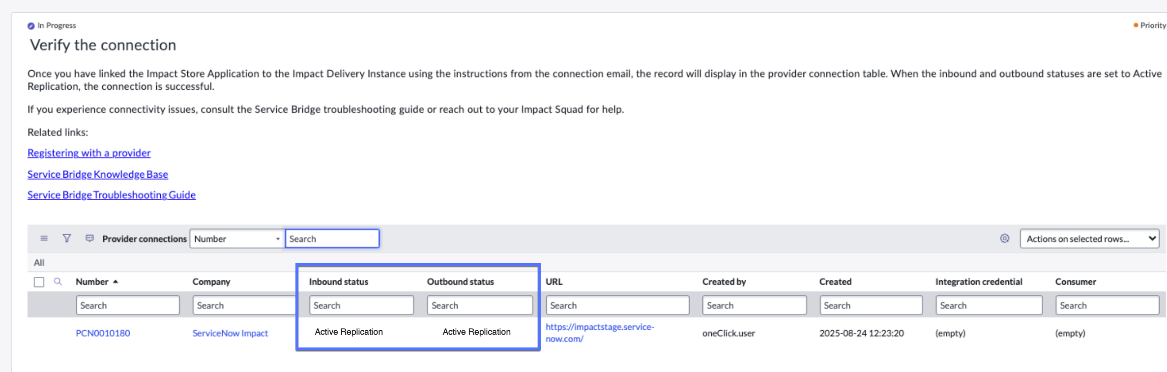 Verify connection table with the success statuses, Active Replication showing.