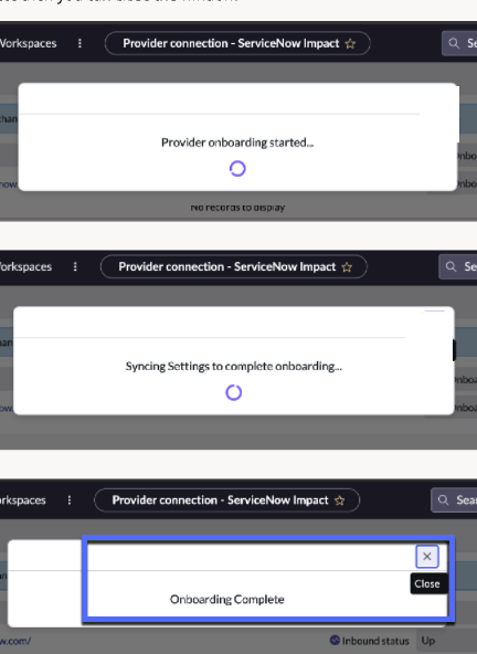 Provider and onboarding connection status and confirmation message.
