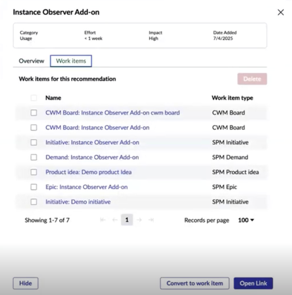 Work items tab in recommendations window