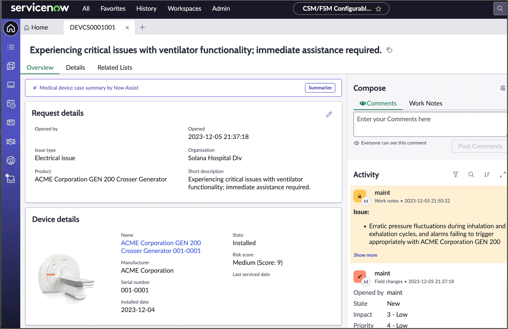 The Now Assist panel in Workspace prior to generating a summary.