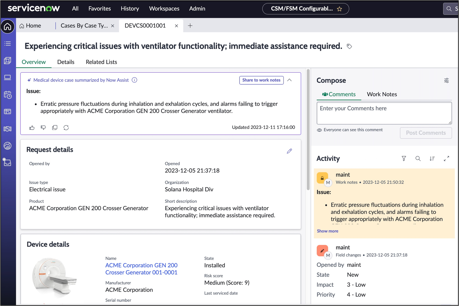 The Now Assist case summarization summary panel after generating a summary.