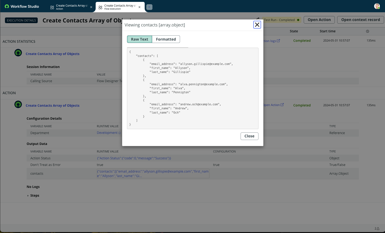 Execution details of a custom action that generates a list of contacts from users in a department.