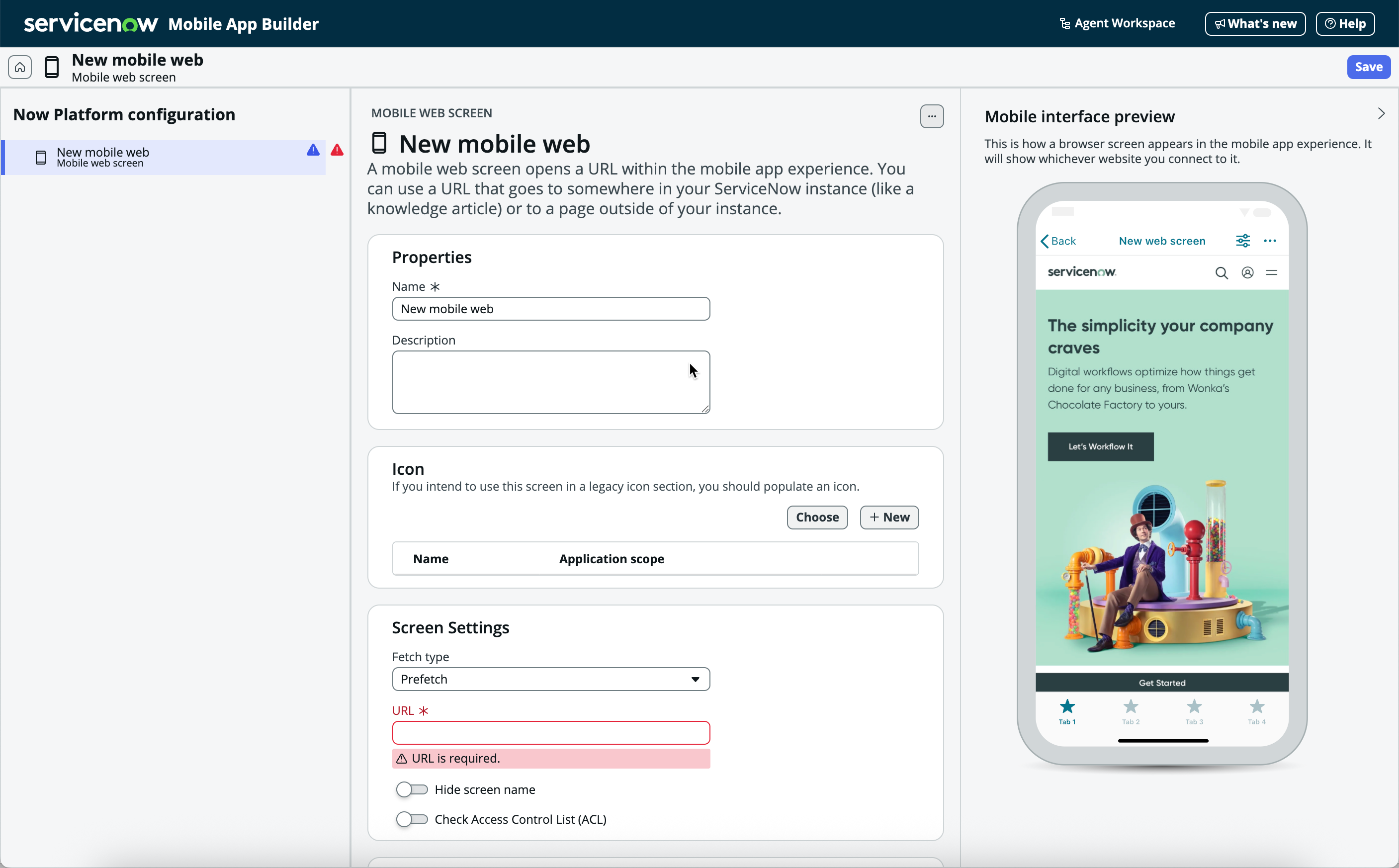 Form for a new mobile web screen