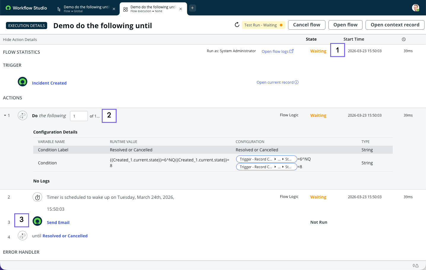 Example execution details for a do until flow.