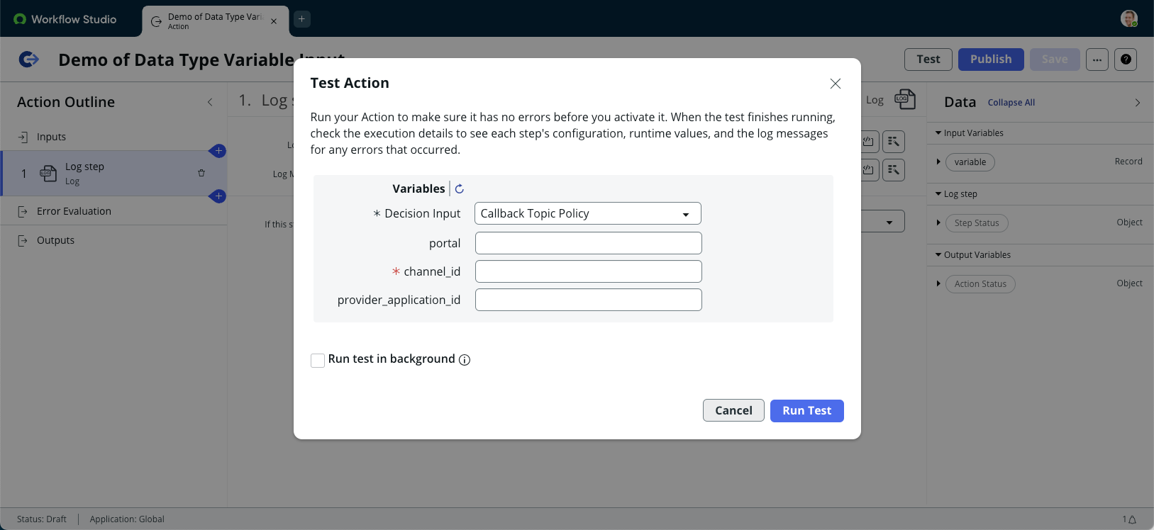 Variables for the Callback Topic Policy decision input
