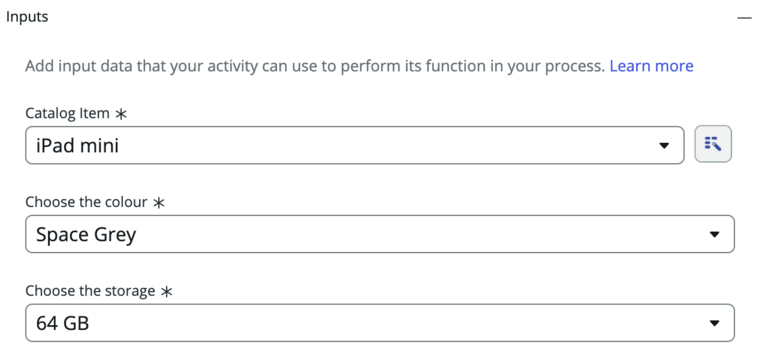 Two additional fields for color and storage options appear