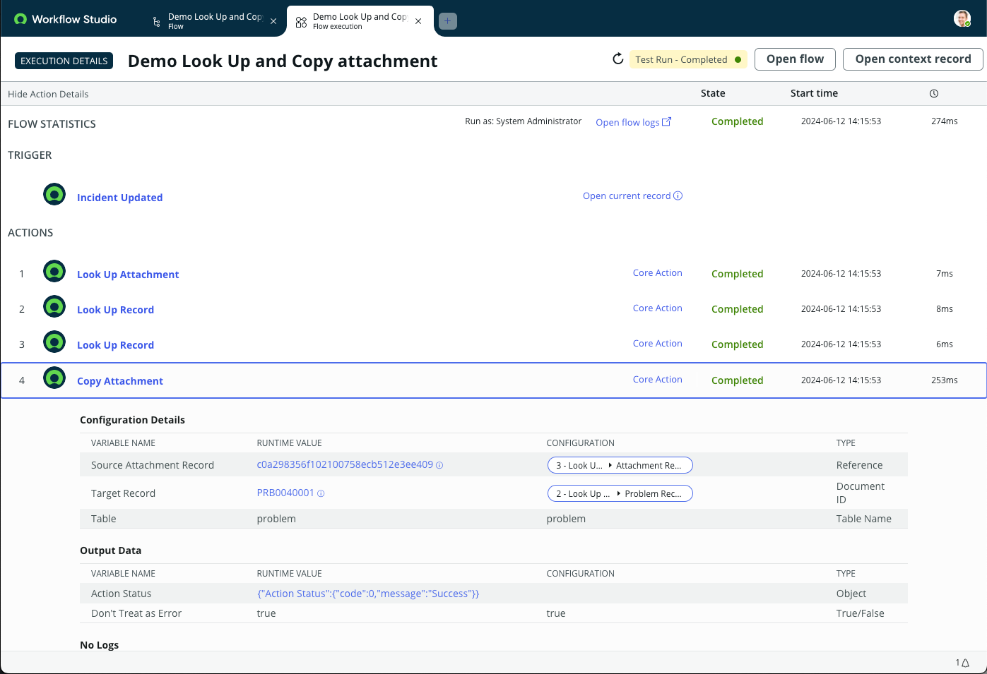 Execution details for flow step 4 Copy Attachment. The step completed successfully.