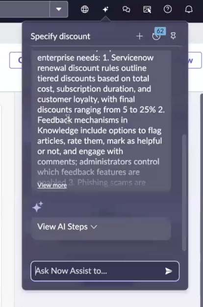 Now Assist panel displaying the AI activities.