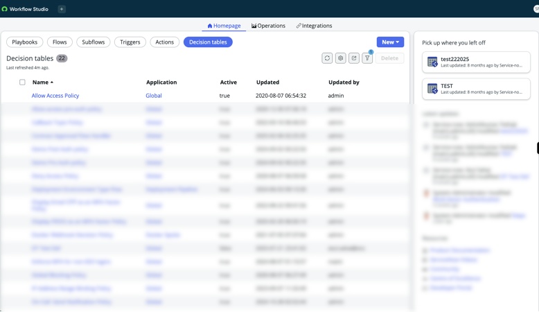 Decision tables section of Workflow Studio