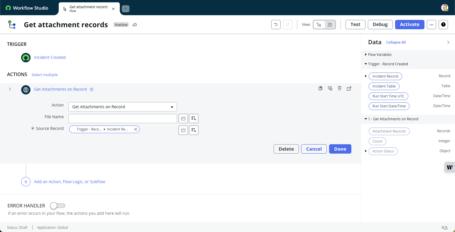 Flow with a create record trigger that runs the Get attachments on record action