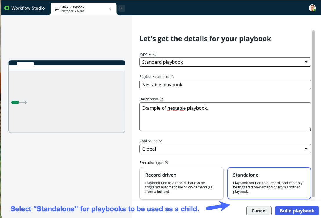 Playbook user interface that shows how to select the Standalone option.