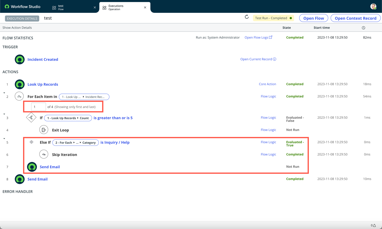 Execution details of Skip Iteration flow logic
