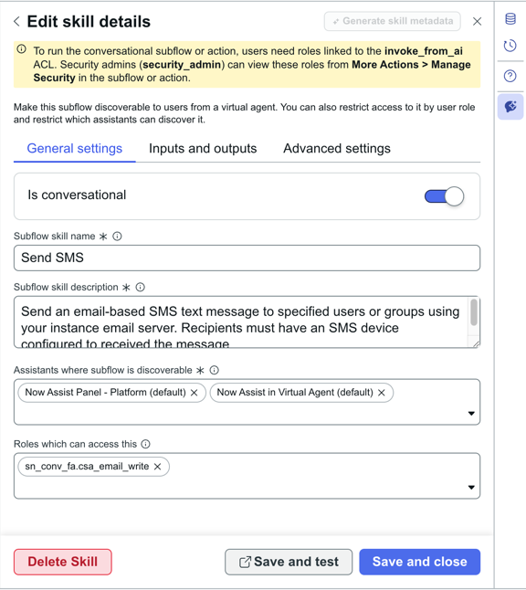 Conversational settings for the preconfigured Send SMS subflow.