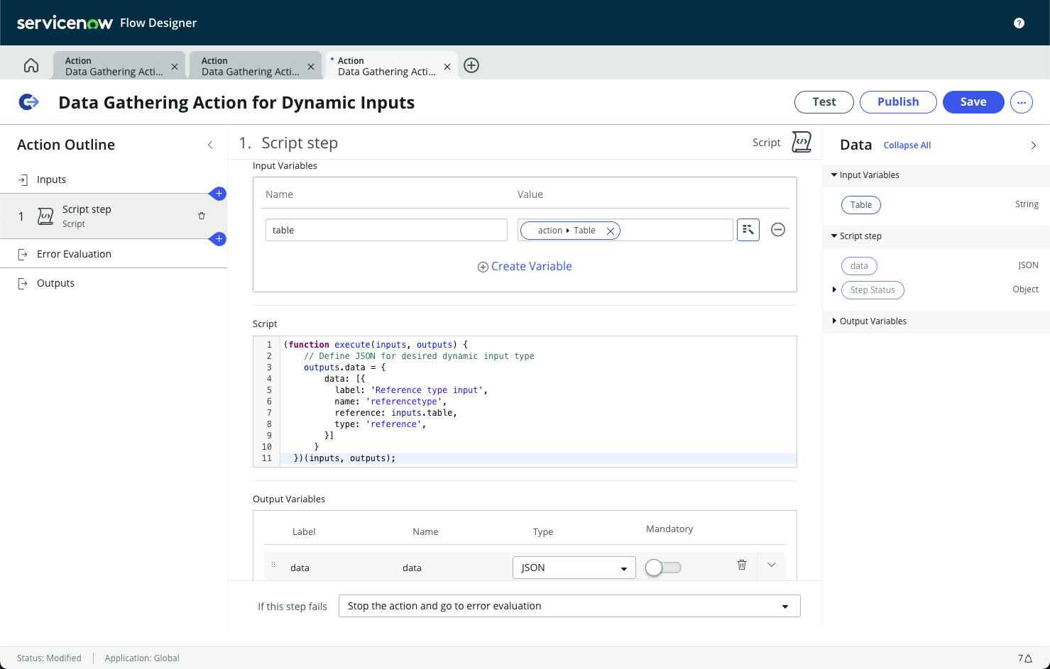 Example script step configuration from steps 4 through 5