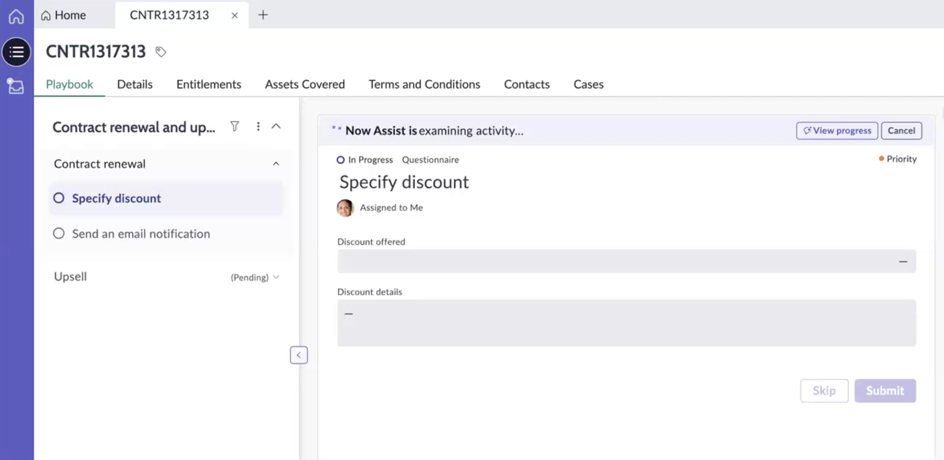 On the Playbook tab of the contract record, NowAssist agents are calculating discount.