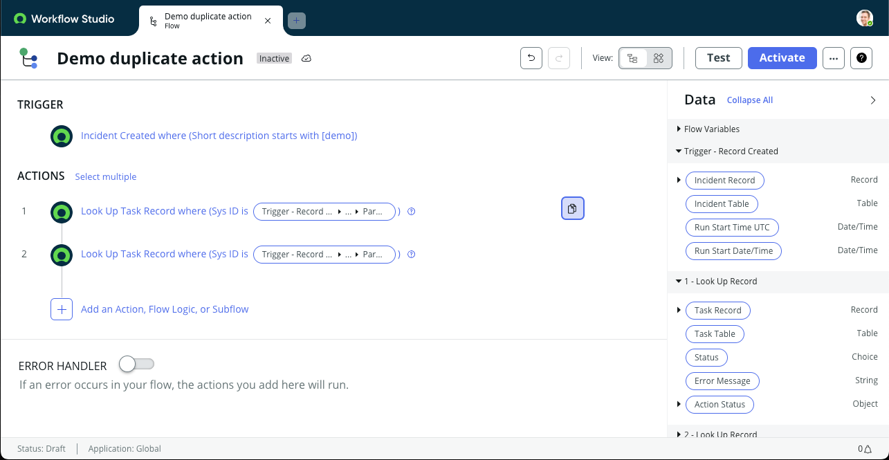 Example flow where a second Look Up Record action has been duplicated.