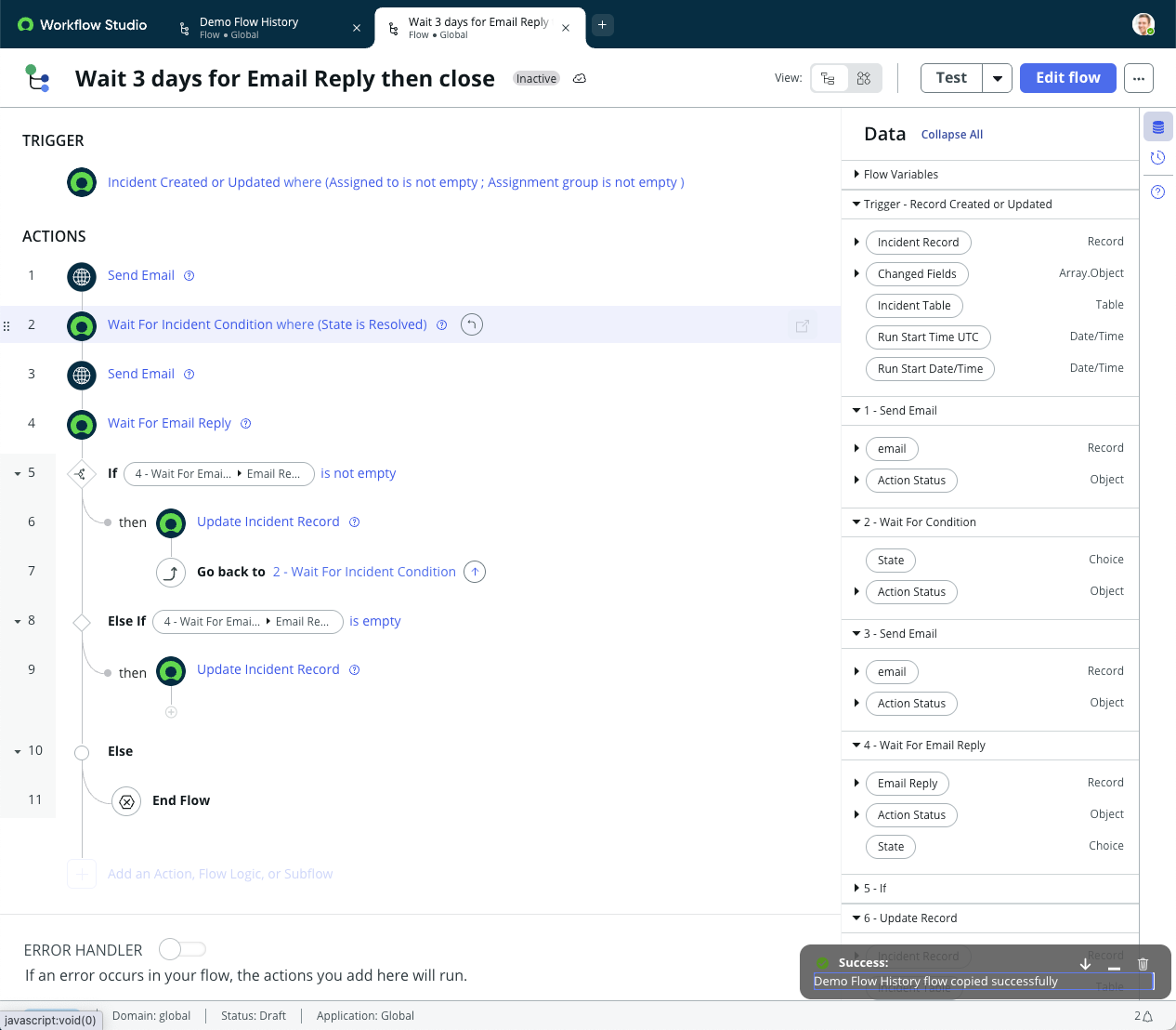 Workflow Studio tab displays new flow Wait 3 days for Email Reply then close.