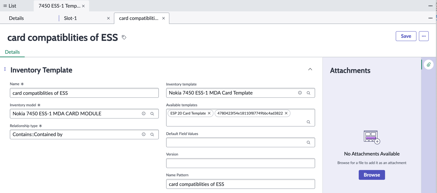 Vue détaillée du modèle de carte d’interface associé avec les informations de champ.