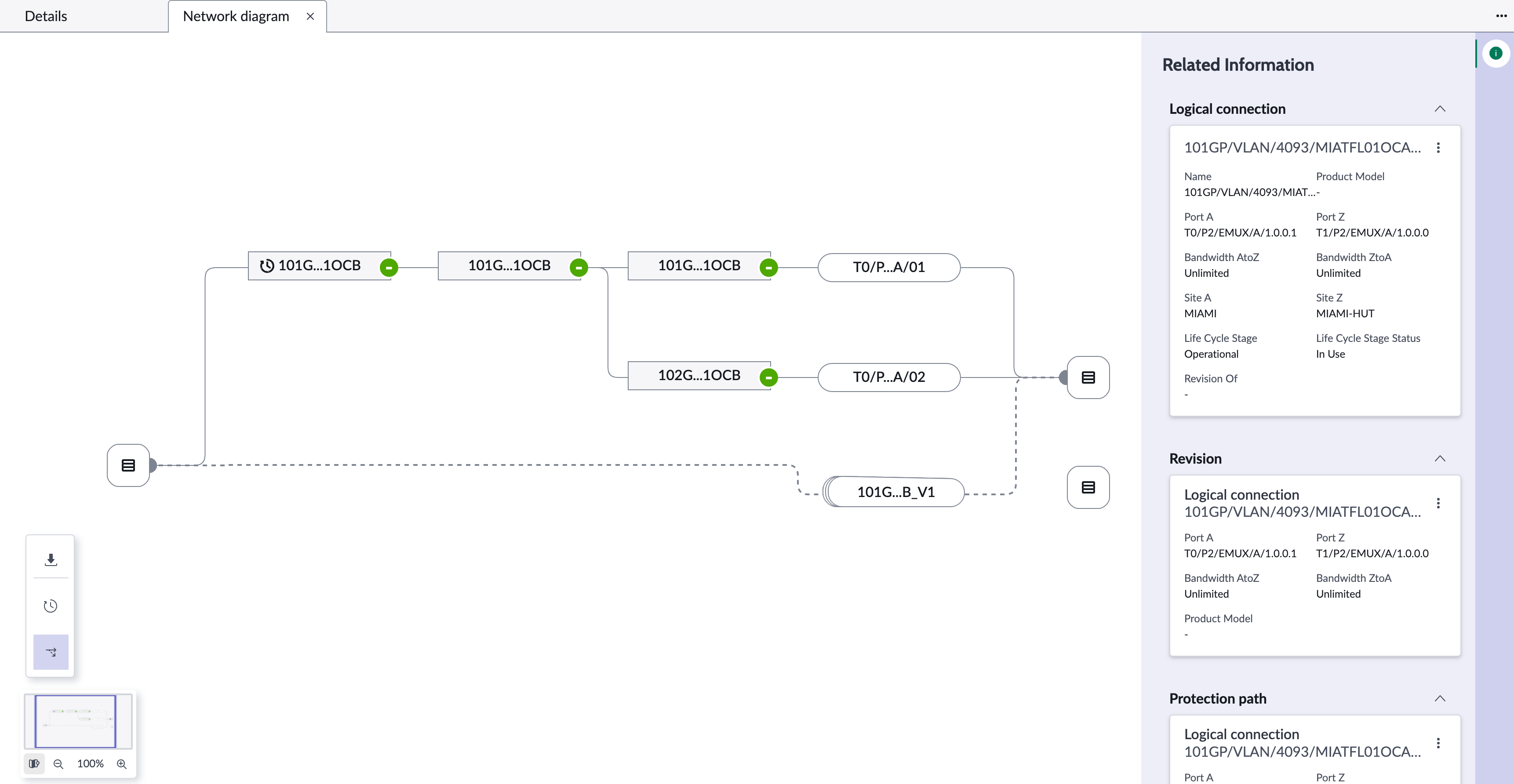 Vue d’un diagramme de réseau avec des options de volet de carte, de volet de détails et de zoom.