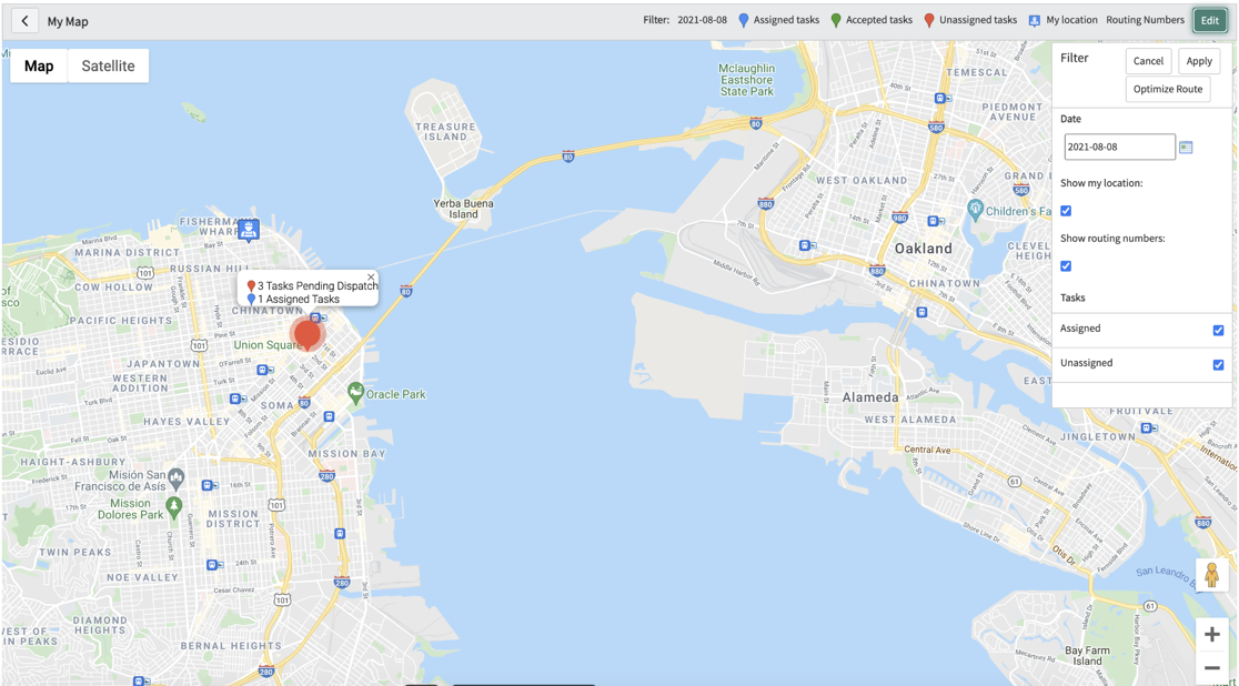 Agent map showing location and status of tasks. Additionally, the Edit tab is open to display date, assigned, and unassigned filters.
