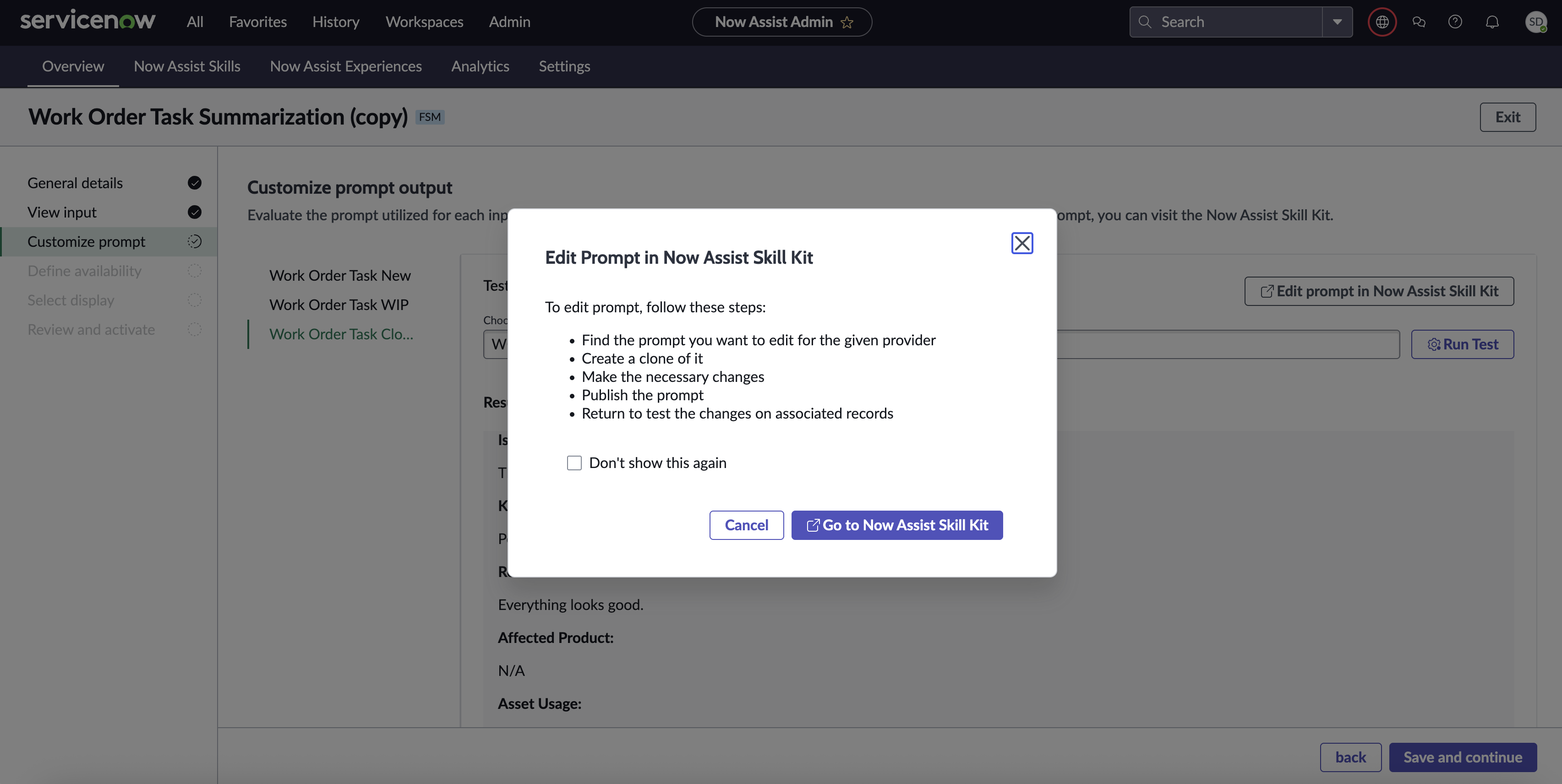 Edit prompt screen to modify prompts in the Now Assist Skill Kit.