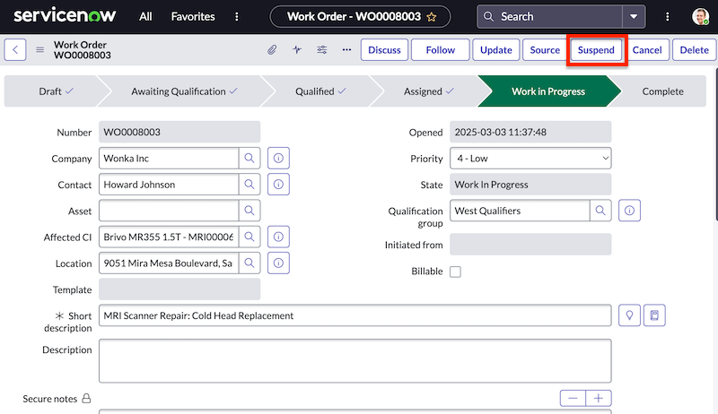 suspend work order button