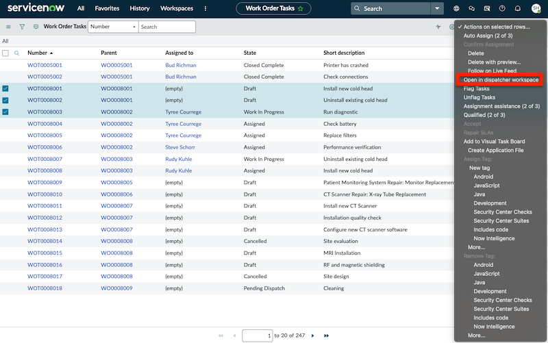 opening work order tasks from the list