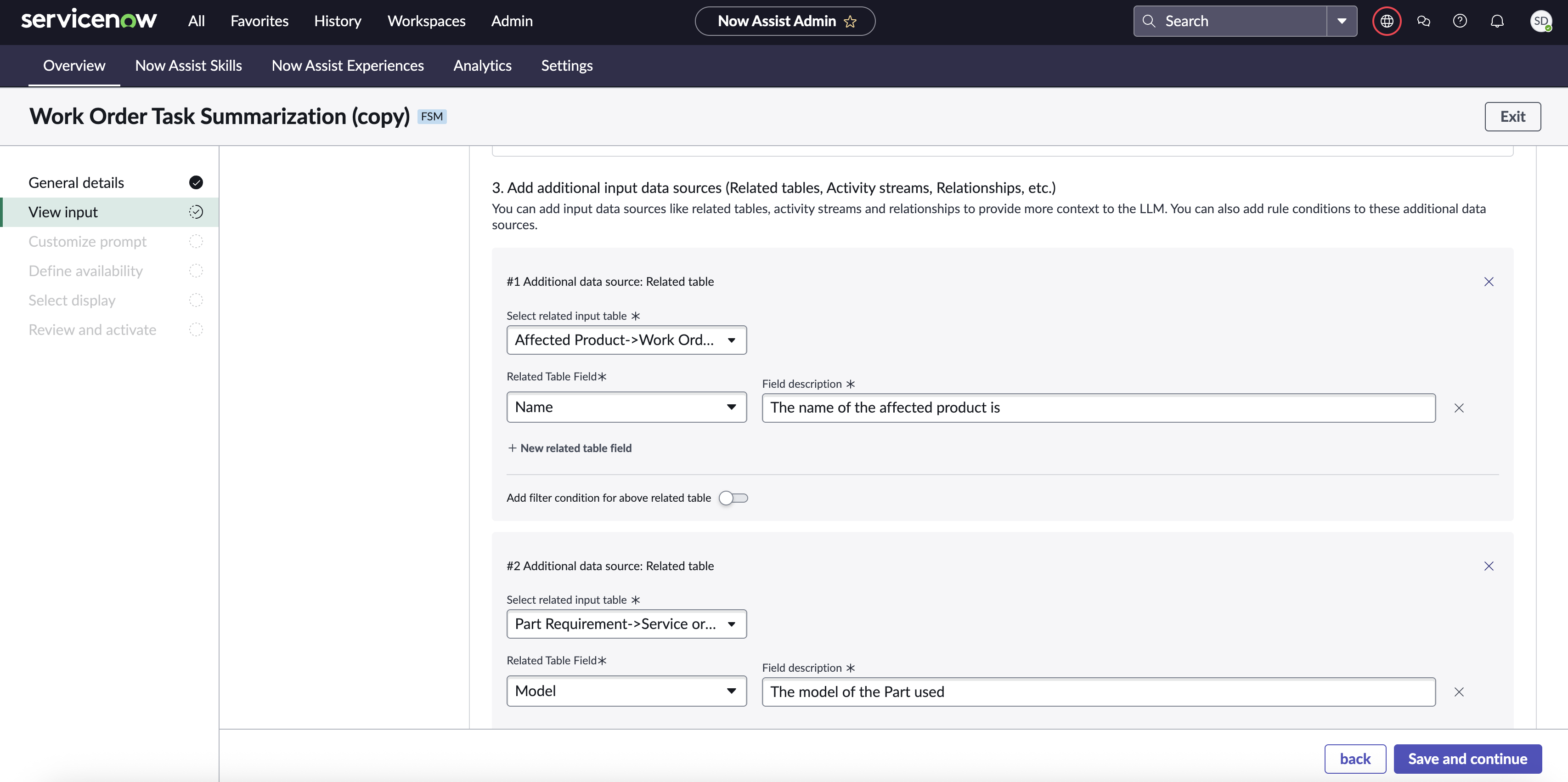 Choose additional input data screen that contains the input tables and fields to define the prompt.
