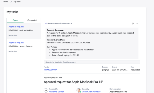 직원 경험용 NowAssist에서 자동화된 요약