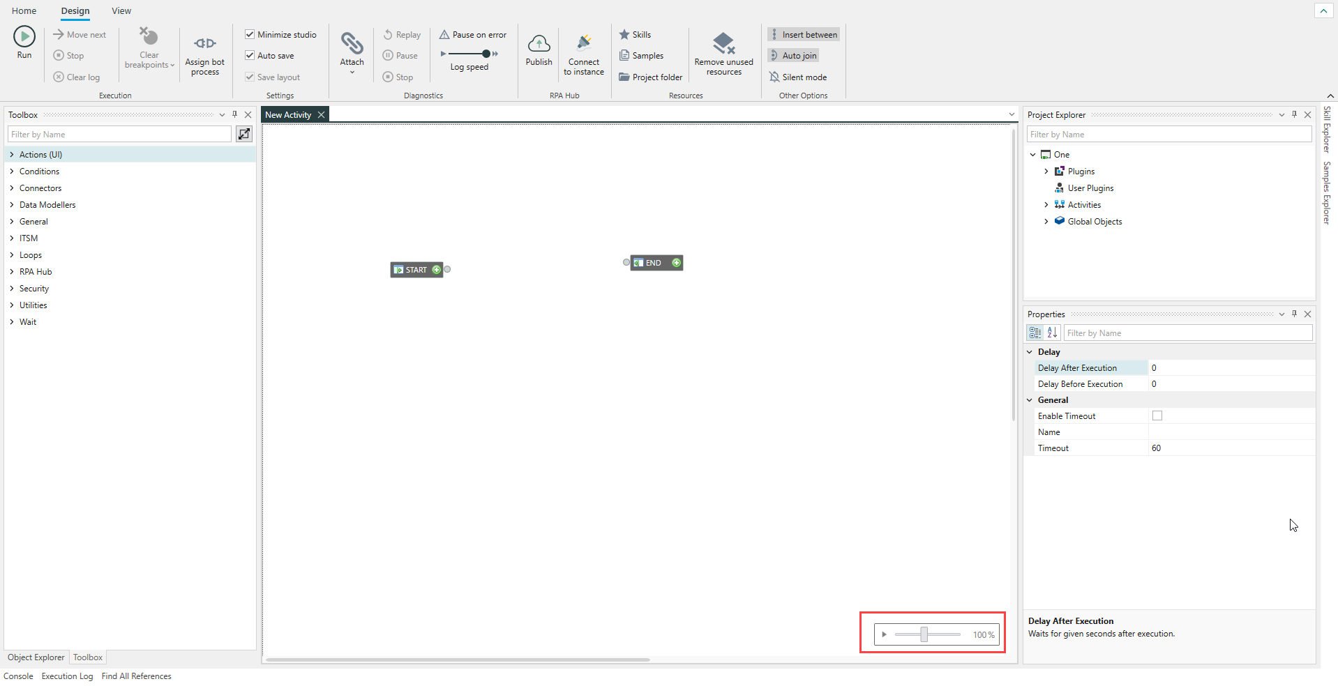 Zoom settings are in the bottom-right corner of the Design surface.