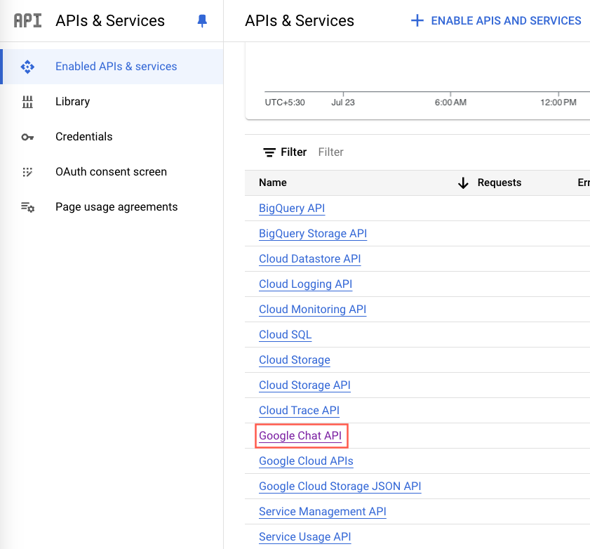 Select Google Chat API in Google Cloud console