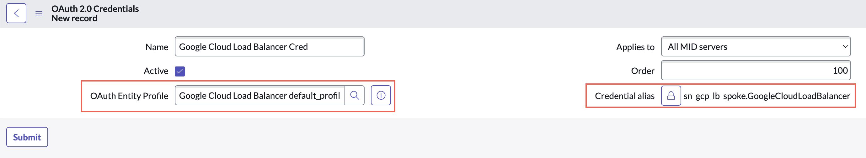 Credential record for Google Load Balancer spoke.