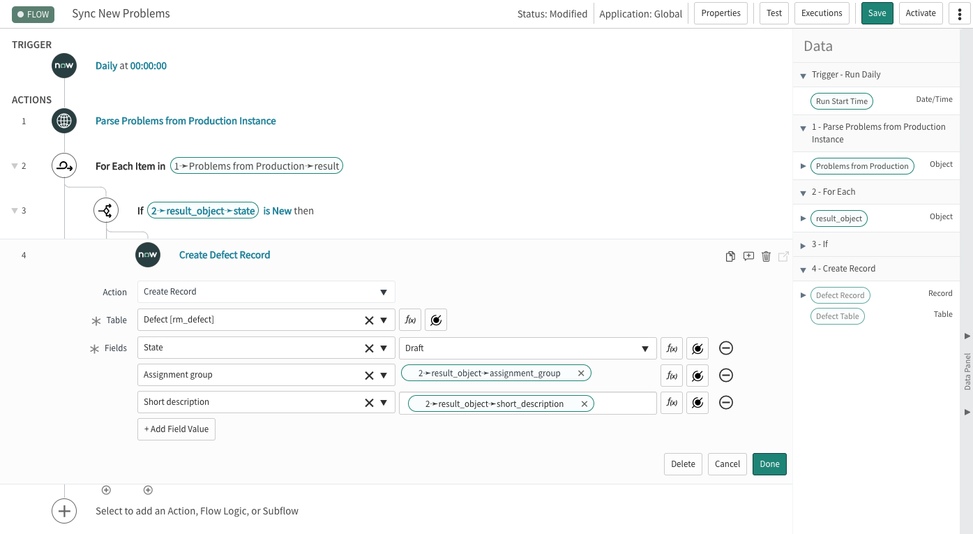 The flow creates a new defect in our test instance for each new problem in our production instance.