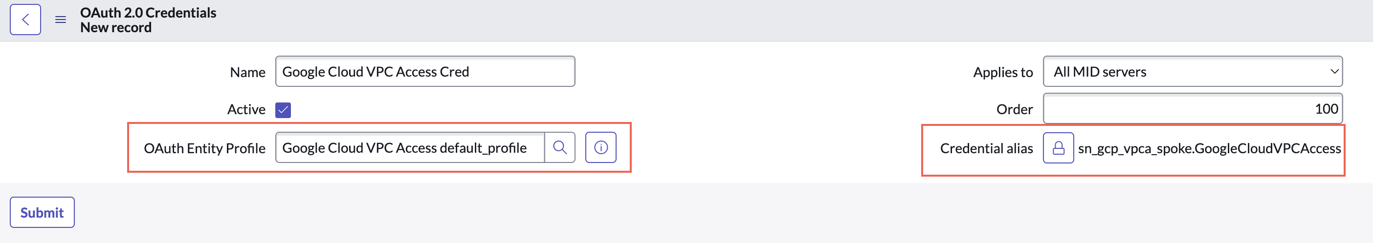 Credential record for the Google Cloud VPC Access spoke.