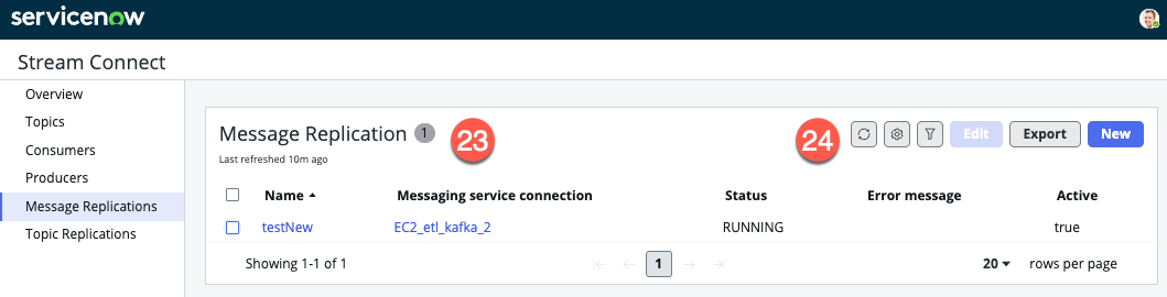 User interface for the Stream Connect dashboard Message Replications page.