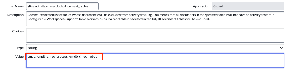 The glide.activity.rule.exclude.document_tables system property screen displaying the new values for the Value field.