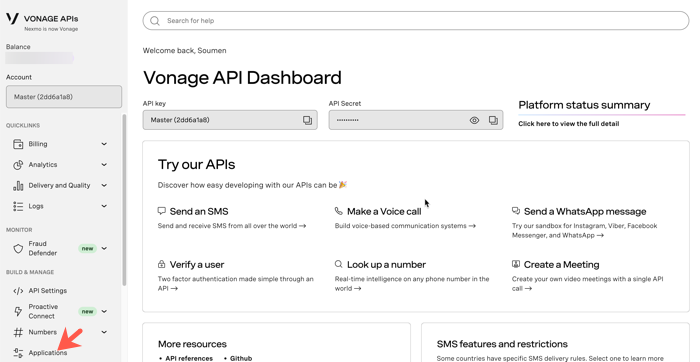Applications link under Build & Manage.