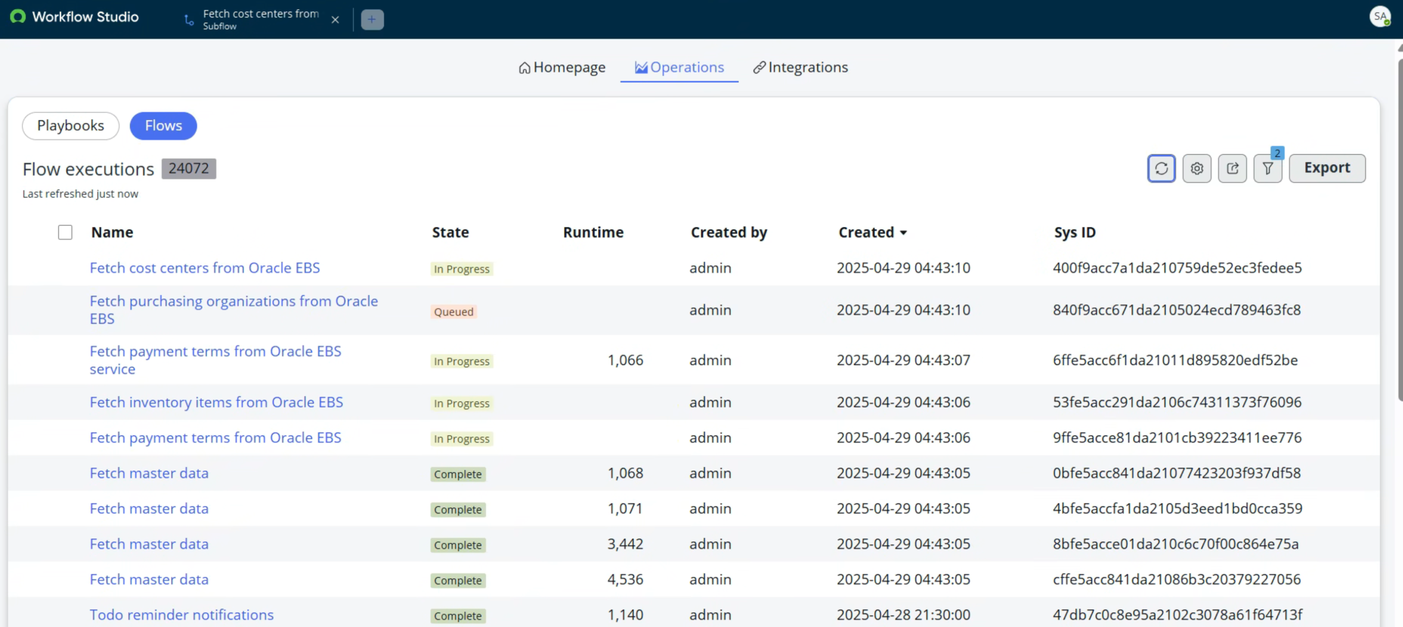 Zeigen Sie die Liste der Flows oder Subflows in Workflow-Studio an