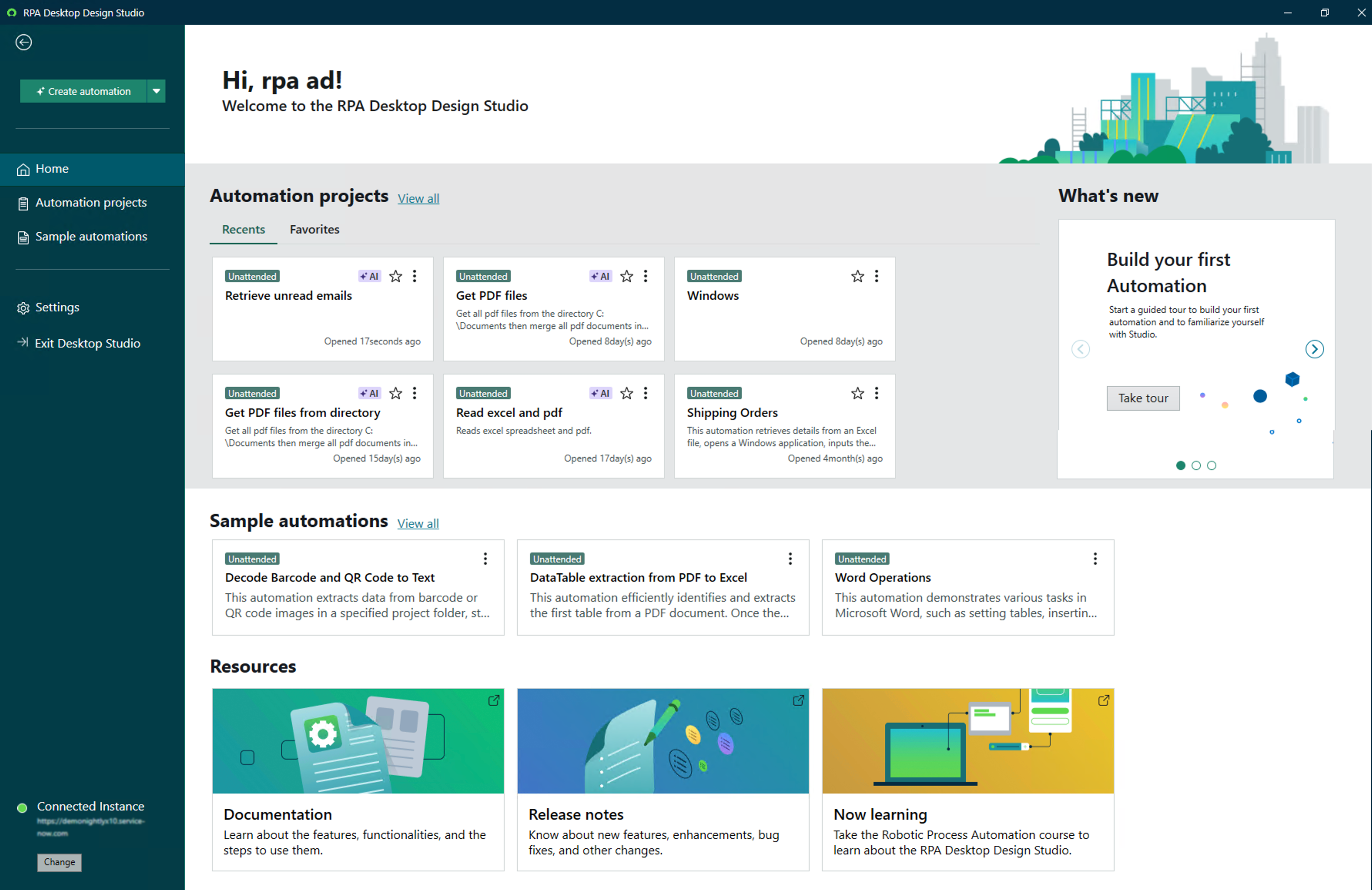 Home page of RPA Desktop Design Studio.