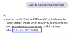 Now Assist panel with explore ERP models option highlighted.