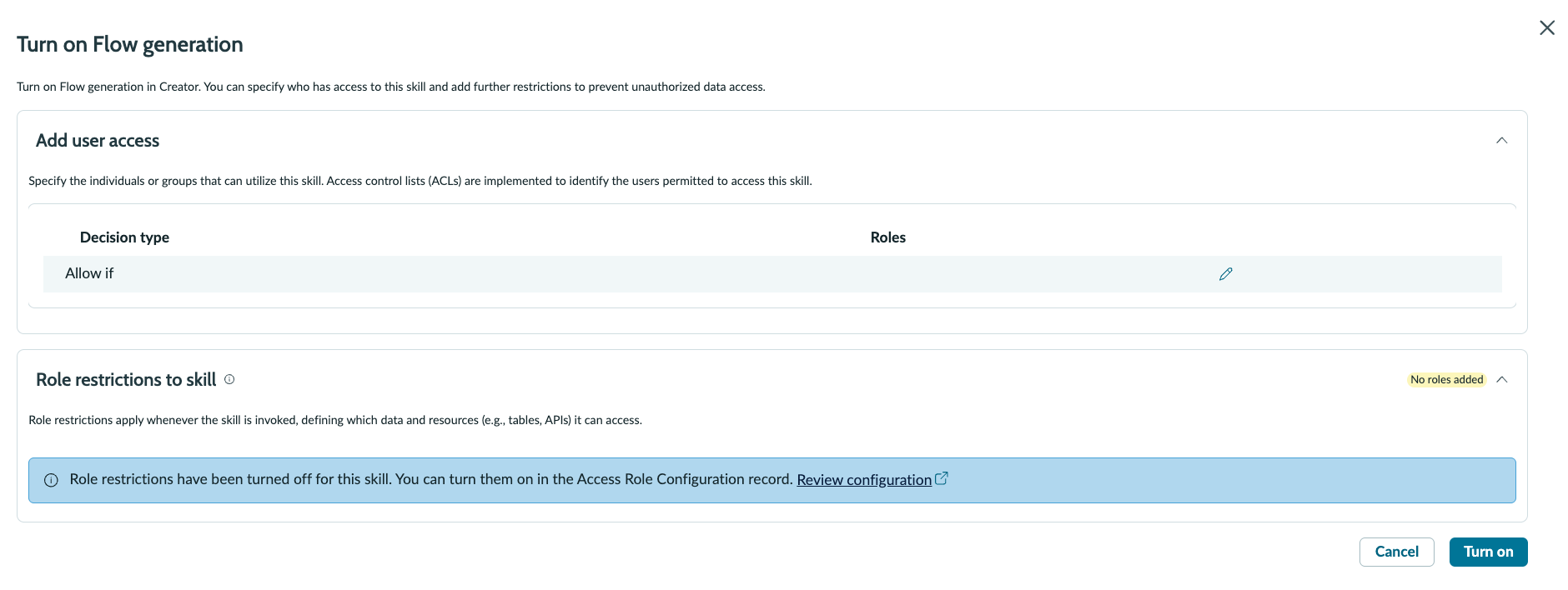 Screenshot showing the Flow generation activation screen.
