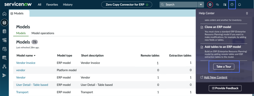Zero Copy Connector for ERP systems page with show help option and take a tour button highlighted.