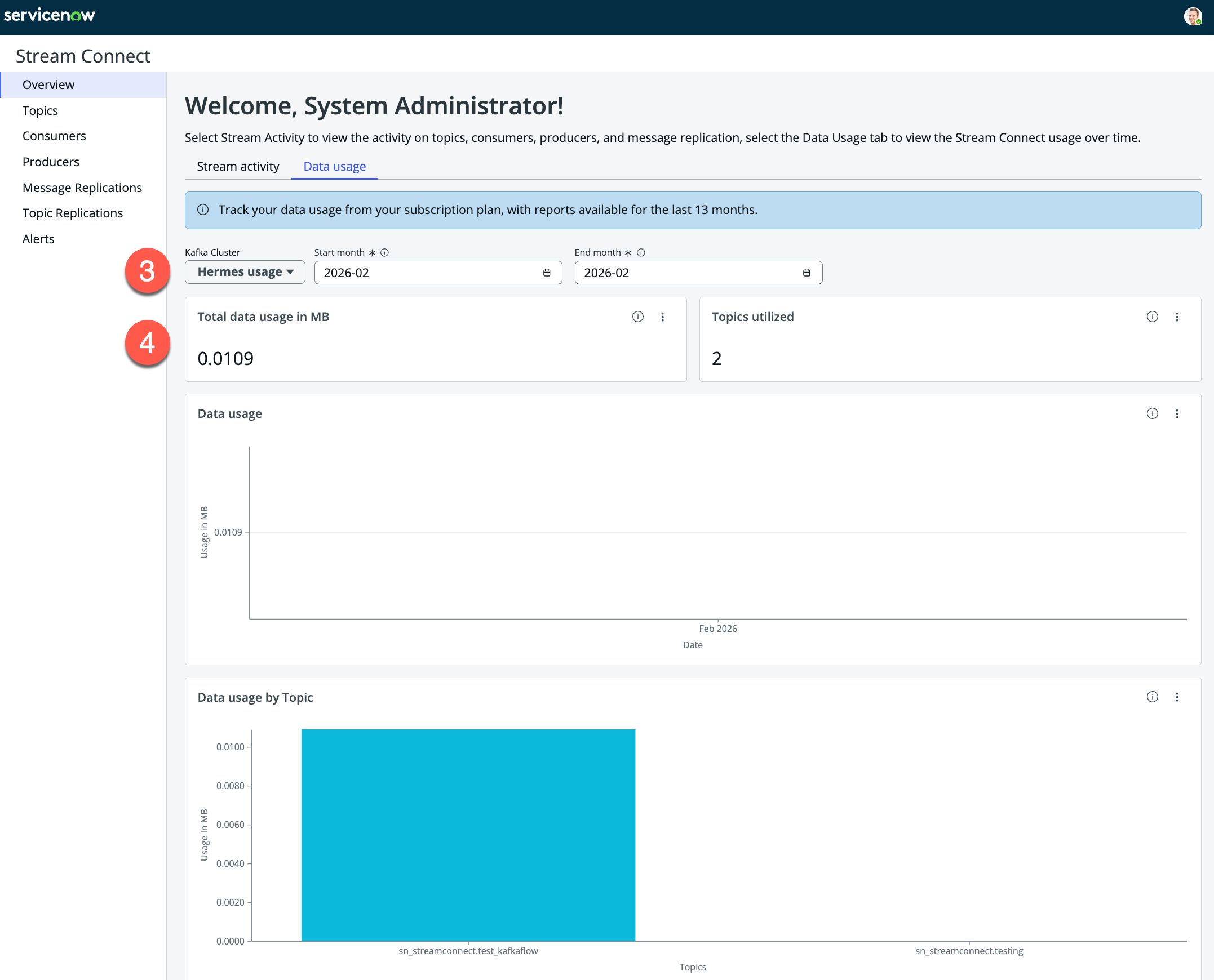 User interface for the Data usage tab of the Stream Connect dashboard overview page.